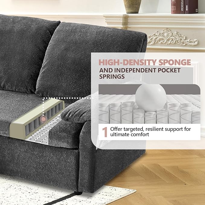 VINGLI Convertible Sofa Bed Couches for Living Room, Sleeper Sofa with Pull Out Couch Bed, Cloud-Like Plush Fleece L-Shape Sectional Couch with Storage Chaise, USB Charging, Side Pockets (Black)