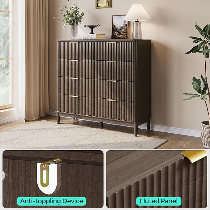 LINSY Fluted Dresser for Bedroom with 8 Drawers, Mid Century Modern Chest of Drawers with Gold Metal Handles, Wide Boho Wood Dressers, Large Farmhouse Storage Cabinet for Bedroom, Living Room, Walnut
