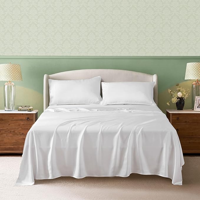 Linen World Cooling Bed Sheets Set Cal King Size,100% Organically Grown Viscose Sheets,Deep Pocket Up to 16",4 Pieces Silky Soft,Breathable Bedding Sheets & Pillowcases(White,Cal King)