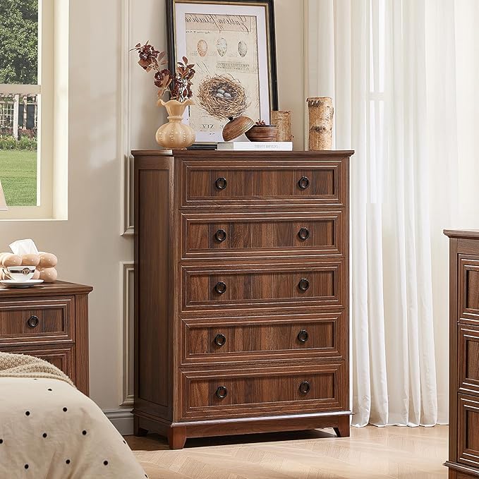 Farmhouse 5 Drawer Dresser for Bedroom Set of 2, 42.5" Tall Small Dressers & Chest of Drawers, Rustic Wood Dresser with Metal Handle, Storage Organizer Closet for Living Room, Hallway,Entryway