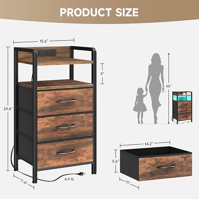 Night Stand Bedside Table Bedroom - Tall Nightstand with Charging Station & LED Light Strip, Bed Side Table with Storage Shelf & 4 Drawers, End Table with U-S-B Ports & AC Outlets, Brown