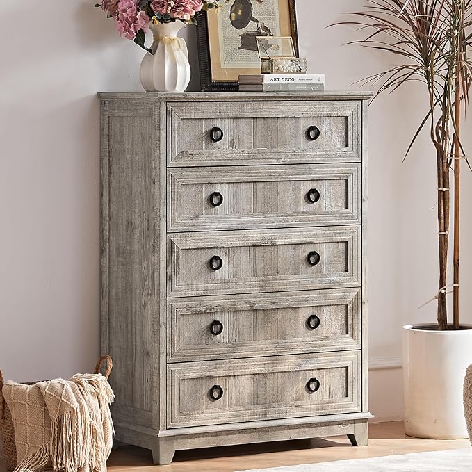 Farmhouse 5 Drawer Dresser for Bedroom, 42" Tall Small Dressers & Chest of Drawers, Rustic Wood Dresser with Metal Handle, Storage Organizer Closet for Living Room, Hallway, Entryway