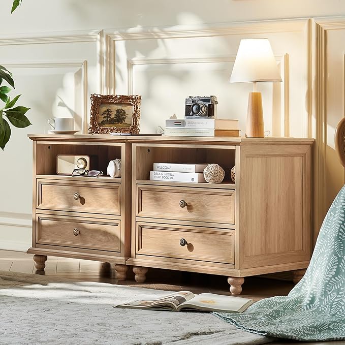 24" Wide Farmhouse Nightstand with Charging Station, End Table with 2 Drawers, Natural Wood Dresser for Bedroom Cabinet, Bed Side Table Chest of Drawers, Night Stand for Living Room, Closet