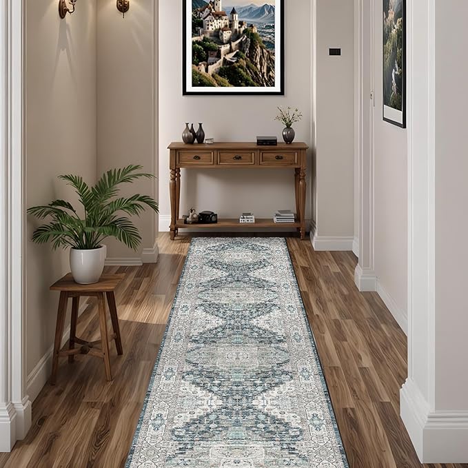 Washable Runner Hallway Rug,Low Pile 2x10 Non Slip Non-Shedding Kitchen Carpet Soft Indoor Stain Resistant Rug for Bedroom Laundry Room Bathroom Blue Beige Multi