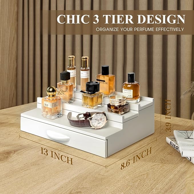 EOSAHR Decorative Cologne Organizer for Room Decor - 3 Tier Cologne Stand with Drawer and Hidden Compartment - Perfume Stand Organizer for Bedroom and Dresser (White)