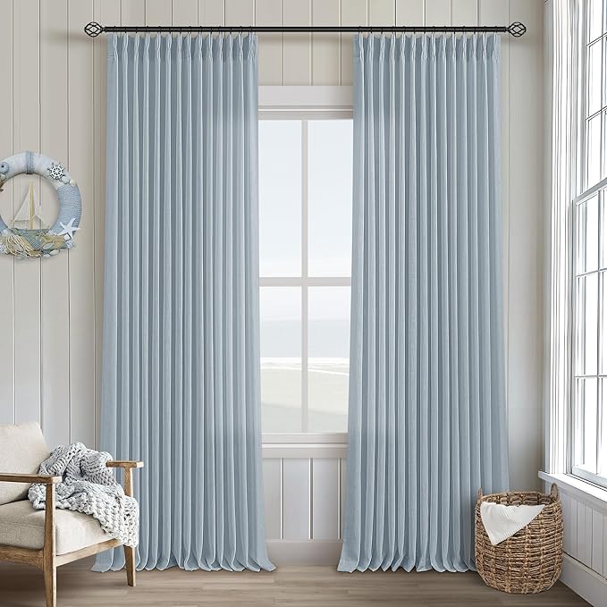 Dusty Blue Linen Pinch Pleated Curtains 108 Inches Long 2 Panels for Living Room Bedroom Light Filtering Drapes 108 Inch Length Sky Grey Blue Semi Sheer Memory Shape Trained Ceiling Floor Curtain