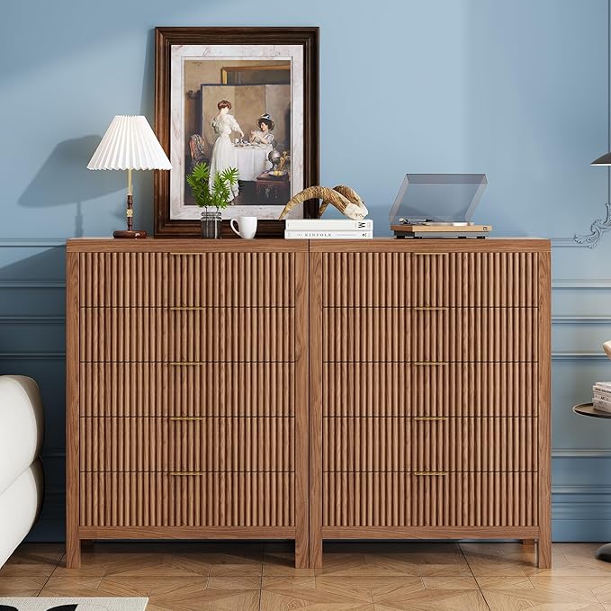 5 Drawer Dresser, 43" Tall Dresser Organizer TV Drawer Cabinet Modern Wood Storage Cabinet, Modern Wood Storage Cabinet for Bedroom, Hallway, Entryway, Walnut Oak X 2