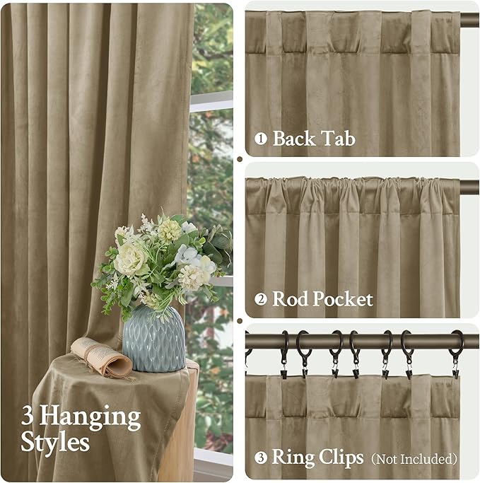 LAMIT Velvet Curtains 90 Inch for Living Room, Dark Taupe Thick Thermal Insulated Drapes Vintage Room Darkening Farmhouse Back Tab and Rod Pocket Panels for Bedroom, 2 Panels, 52 x 90 Inch
