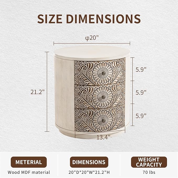 COSIEST 3 Drawer Chest of Drawers, 20 inch MDF Round Storage Cabinet, Retro Whitewash Finish Nightstand, Wood Bedside Table with Drawers for Bedroom Living Room,Light Gray