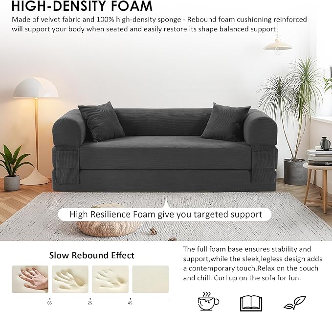 80" Convertible Sofa Bed, Corduroy Deep Seat Folding Pull Out Couch with Pillows, No Assembly Modern Boneless Couch Compression Sofa in Box, Floor Sofa with Storage Pocket for Living Room,Dark Grey