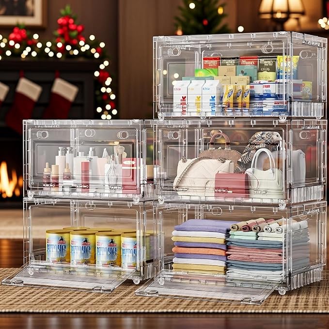 BROVIEW 160Qt Stackable Storage Bins with Lids Wheels, XL Clear Plastic Drawers Foldable Closet Organizers and Storage Cabinet Display Box Shelves with Front & Back Doors, for Home Office Garage,2Pack