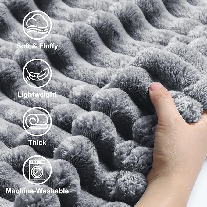 decorUhome Christmas Soft Fleece Grey Throw Blanket for Couch, Cozy Fluffy Plush Flannel Striped Blanket for Sofa Bed, Lightweight Decorative Ribbed Fuzzy Blanket for Woman, 50x60 Inches