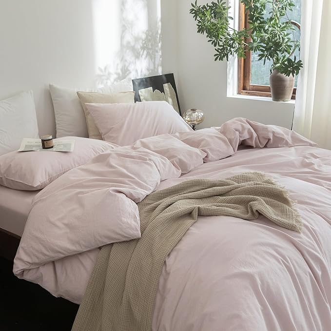 FOSSA Duvet Cover Set 100% Washed Cotton Linen Feel Super Soft Breathable Cozy 3 Pieces Bedding Sets Solid Greyish Pink Oversized King Plus