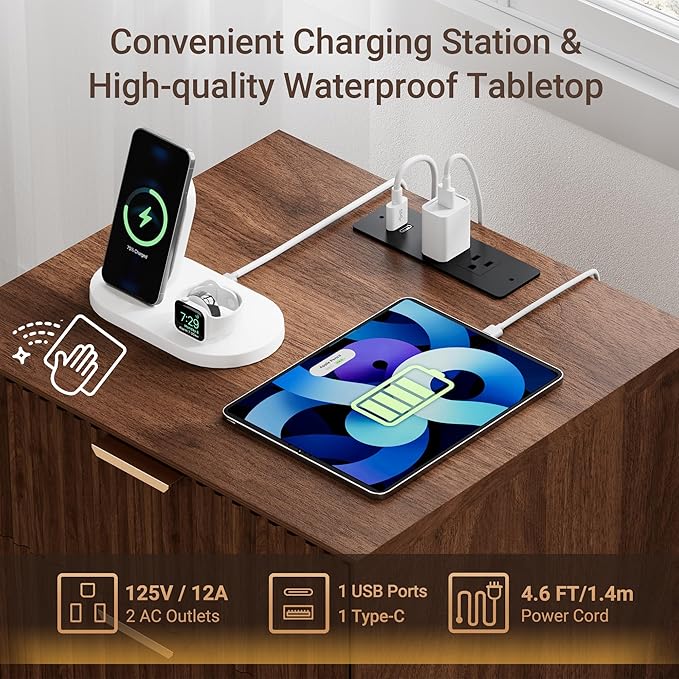 Fluted Nightstand, Beveled Edges Night Stand, 2 Drawer Nightstand with Charging Station, Wooden End Table with Solid Wood Legs, Modern Bedside Table for Bedroom Sofa Home Office, Walnut