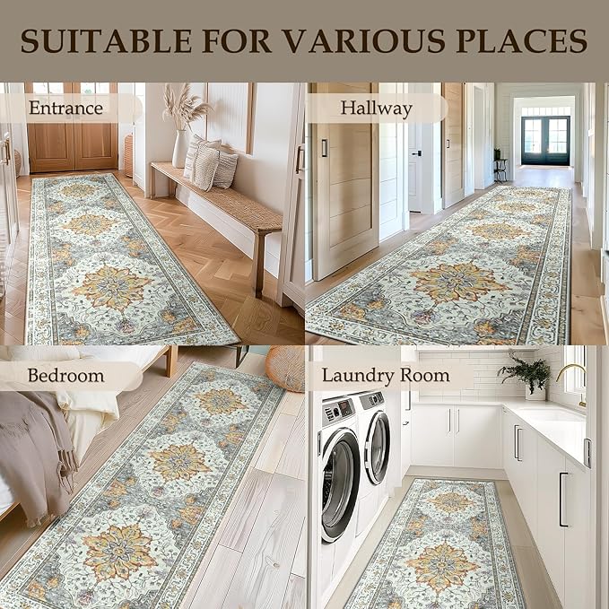 Area Rugs 2'x10' Washable Non-Slip, Floral Vintage Distress Print Pattern Medallion Carpet for Living Room Bedroom Dining Room, Light Yellow Carbon Grey Orange