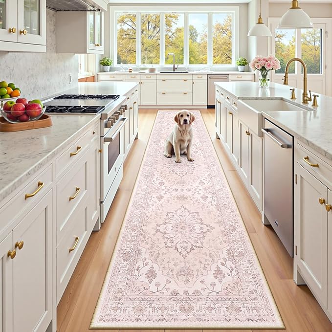 Area Rugs 2'x10' Washable Non-Slip, Floral Vintage Distress Print Pattern Medallion Carpet for Living Room Bedroom Dining Room, Pink Greypink Cute