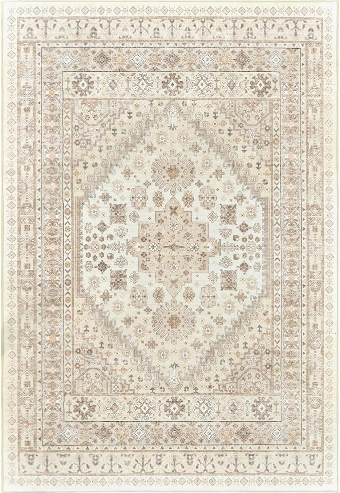 zesthome 4x6 Rug - Stain Resistant Washable Rug, Anti Slip Backing Rugs for Living Room, Foldable Vintage Small Area Rugs (Cream/Beige,4'x6')