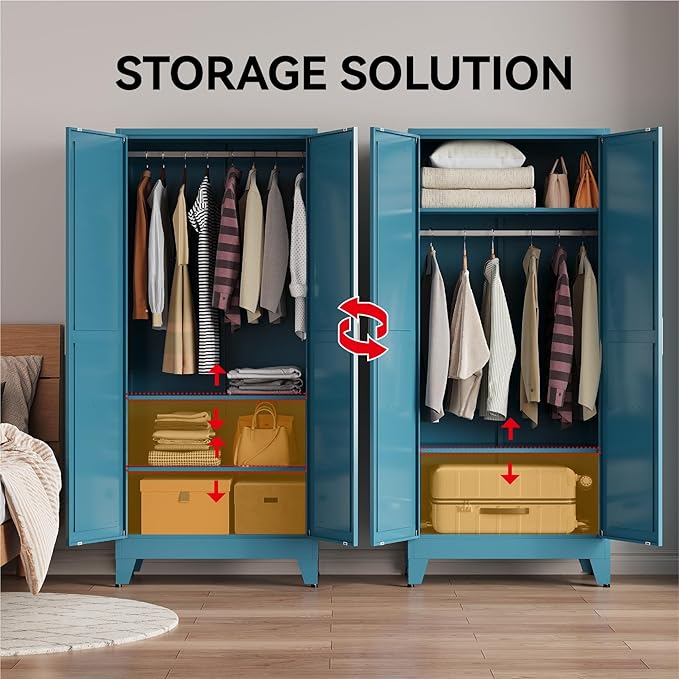 71" Tall Metal Armoire Wardrobe Closet with Removable Hanging Rod and Adjustable Shelves,Blue