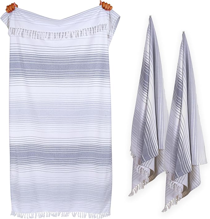 Native Fab 100% Cotton Peshtemal Turkish Bath and Beach Towels Set of 2, Large 40x71 Travel Sarong Gym Pool Spa Towels, Ultra Soft Quick Dry Absorbent Fouta Hammam Peshtemal Towels Grey White