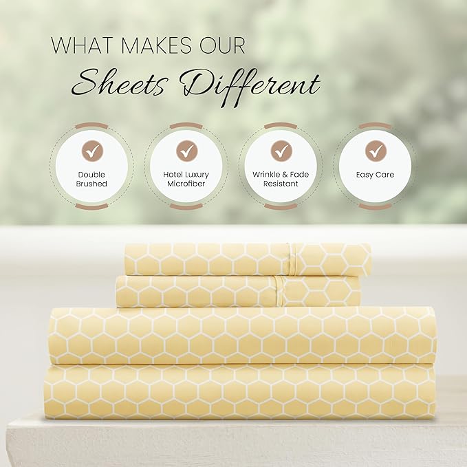 Linen Market Patterned Microfiber King Sheet Set 4 Piece – Oeko-TEX Certified Ultra Soft & Wrinkle-Free - 16" Deep Pocket Sheets - Easy Care King Size - Honeycomb Yellow
