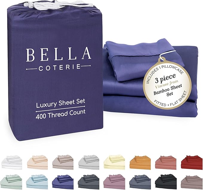 Bella Coterie Luxury Bamboo Viscose Twin XL Size Sheet Set | 100% Organically Grown | Ultra Soft | Cooling for Hot Sleepers | 18" Deep Pocket [Twilight Blue]