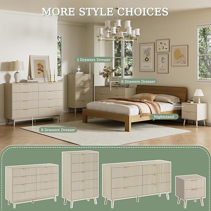 LYNSOM Fluted Dresser and Nightstand Sets 3 Piece, 8-Drawers Dresser and 1-Drawer Nightstands Set of 2, Wood Bedroom Furniture Set for Home, Bedroom, Hallway, Beige