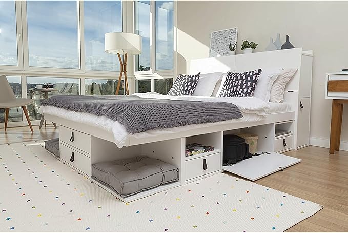 memomad Bali Set: Storage Platform Bed with Drawers + Bookcase Headboard (Full Size, White Wood)