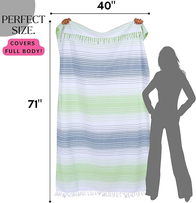 Native Fab Beach Towels Set - Green Striped Hammam Towel - 6 Pack - 40"x71" - Quick Dry, Absorbent, Thin, Sand Resistant - 100% Cotton Turkish Towel for Adults, Bath, Pool - Green and White