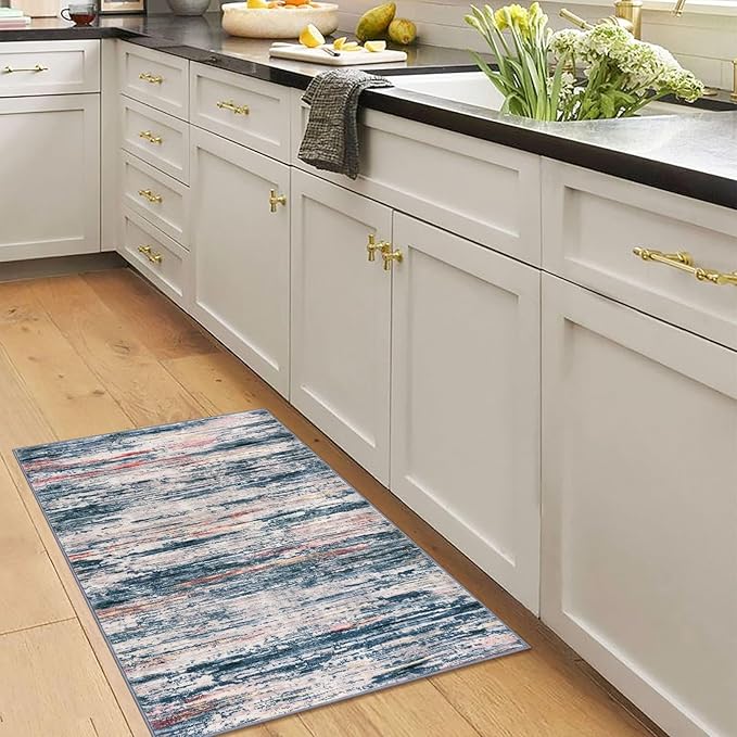 2x3 Modern Abstract Rug for Entryway, Teal Blue Peach Gray Multi Super Soft Small Washable Area Rugs, Non-Slip Low-Pile Mat Carpet for Kitchen, Bedside, Indoor Door Mat