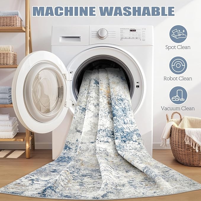 Area Rug Living Room Rugs - 4x6 Abstract Large Soft Indoor Washable Rug Neutral Modern Low Pile Carpet for Bedroom Dining Room Farmhouse Home Office - Blue