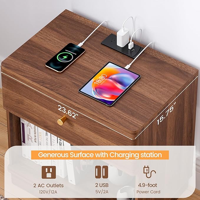 Narrow Nightstand Set of 2, Wooden Small 2 Drawer Nightstand, Slim Side End Table, Skinny Bedside Table, Mid Century Modern Night Stand with Drawers, for Living Room (Walnut-Charging Station-1 pc)
