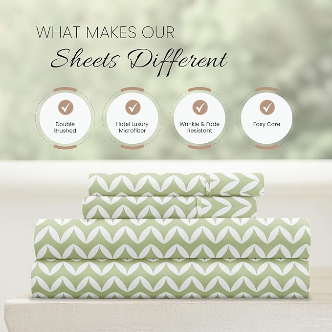 Linen Market 4 Piece King Sheet Set - Breathable, Double-Brushed Patterned Cooling Sheets – Oeko-TEX Certified Ultra Soft & Wrinkle-Free 16" Deep-Pocket King Sheets - Easy Care Puffed Chevron Sage