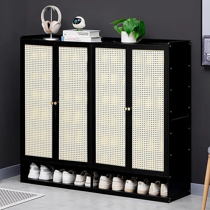 Bamboo Shoe Cabinet, 36-40 Pairs 8 Tier Shoe Rack with Doors, Freestangding Shoe Cabinet Organizer with Shelves, 43" Tall Shoe Rack Organizer for Entryway, Closet, Hallway