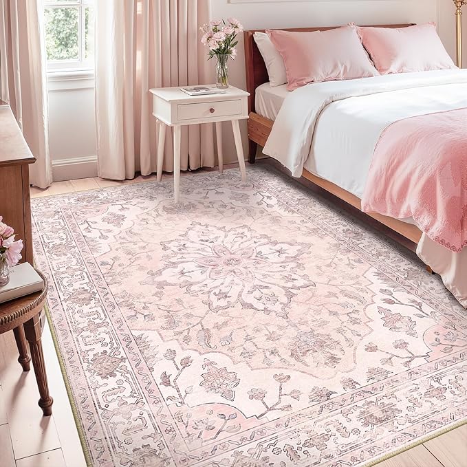 Area Rugs 5'x8' Washable Non-Slip, Floral Vintage Distress Print Pattern Medallion Carpet for Living Room Bedroom Dining Room, Pink Greypink Cute
