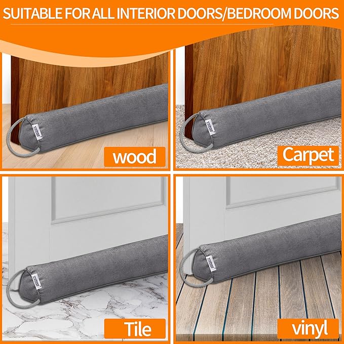 TORRAMI 30" Door Draft Stopper for Bottom of Doors, Seal Blocks Hot Air, Noise, Bugs, Keeps Cold AC in, Sound Proofing Easy Install Gap Filler, Draft Stoppers, Gray