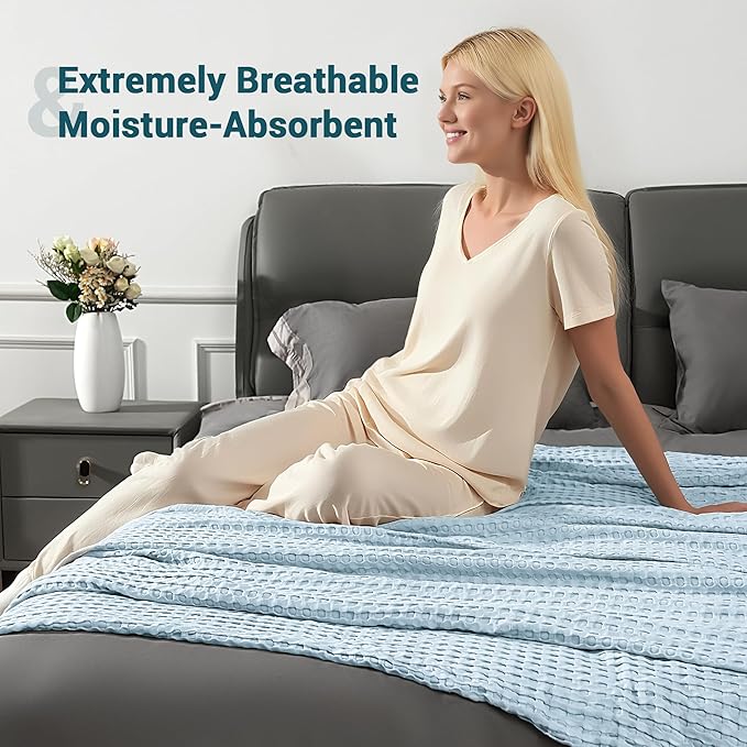 Aganear Waffle Blanket - Lightweight Breathable Summer Blanket of 50% Cotton and 50% Rayon Derived from Bamboo for Hot Sleepers Luxury Throws for Bed, Couch and Sofa,Blue,104x90 Inches