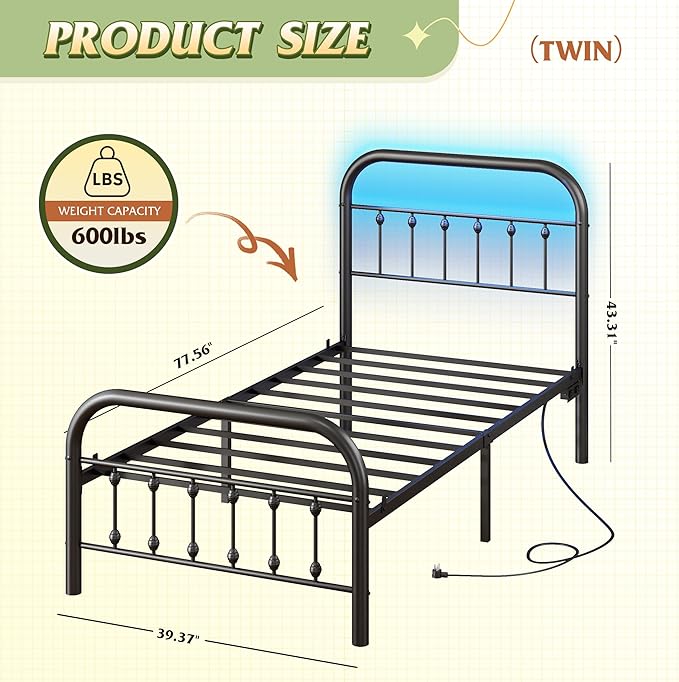 WLIVE Metal Platform Bed Frame, Twin Bed Frames with Headboard, Bed Frame with LED Lights and Charging Station, 600LBS Mattress Foundation, Under Bed Storage, No Box Spring Needed, Black