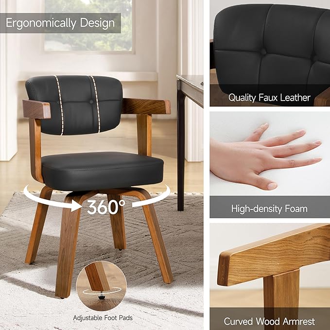 Art Leon Home Office Desk Chair - Mid Century Modern Chair, Faux Leather Office Chair No Wheels, Comfy Accent Arm Chair with Wood Legs for Small Spaces Living Room Bedroom Study, Black/Walnut