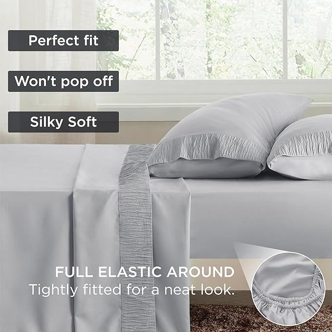 Bedsure Full Size Bed Sheets - 4 Pieces Soft Full Sheet Set - Breathable & Cooling - Hotel Luxury - Easy Care Polyester Microfiber Bedding for Women, Men, Light Grey