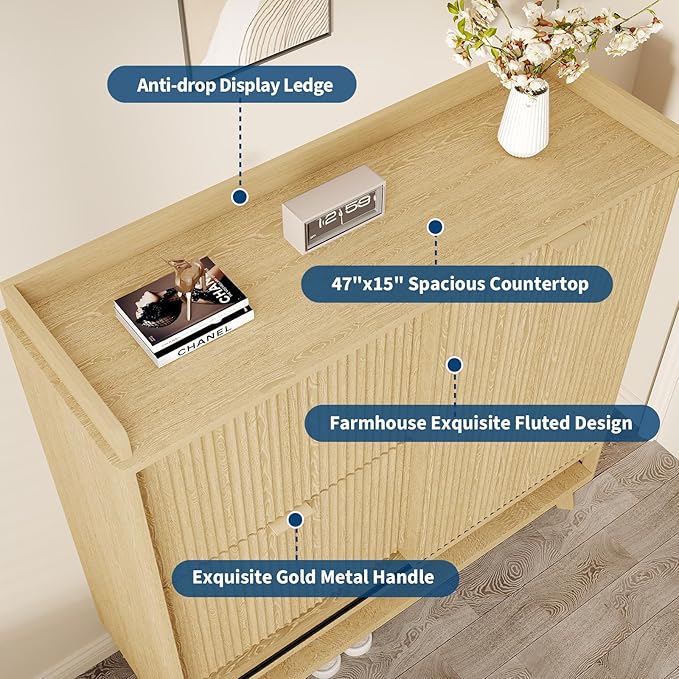 IDEALHOUSE Fluted Shoe Cabinet Storage with 2 Flip Drawers & Sliding Door & Adjustable Shelf Rack，Freestanding Wood Narrow Hidden Shoe Organizer for Entryway, Hallway, Living Room