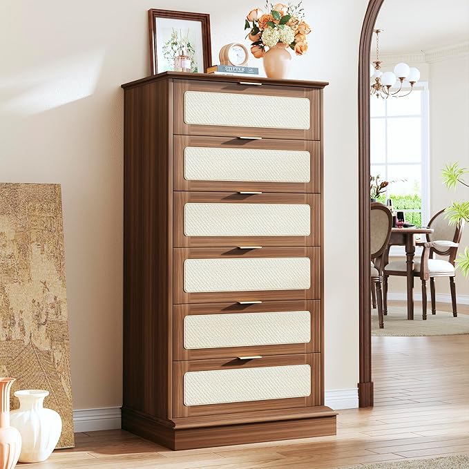 6 Drawer Dresser for Bedroom, 50 Inch Tall Dressers & Rattan Chest of Drawers, Mid Century Style, Wood Modern Dressers Organizer for Bedroom, Living Room, Hallway, Entryway, Walnut