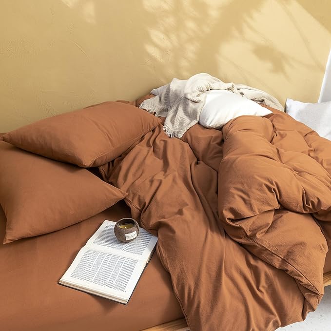 FOSSA Duvet Cover Set 100% Washed Cotton Linen Feel Super Soft Breathable Cozy 3 Pieces Bedding Sets Solid Dark Orange Oversized Queen