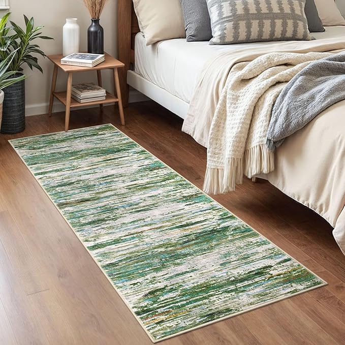 2x5 Modern Abstract Runner Rug for Hallway, Green Grey Multi Super Soft Hallway Decor Kitchen Rugs with Non-Slip, Non-Shedding Washable Rug for Hallways Entryway Bedroom Laundry Indoor