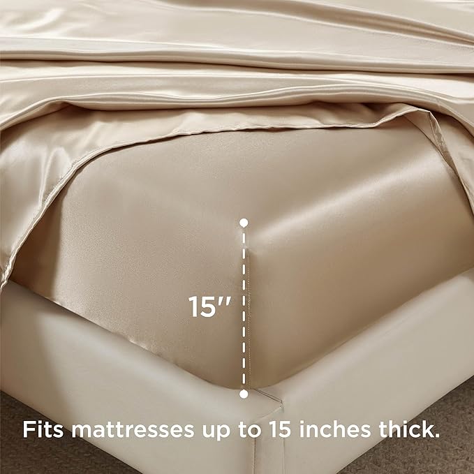 Bedsure Satin Sheets Queen Size - 4 Piece Silky Bedsheets with 15 Inches Deep Pocket Fitted Bedsheet,1 Flat Sheet, 2 Satin Pillowcases, Good for Hair & Skin (Queen, Khaki)