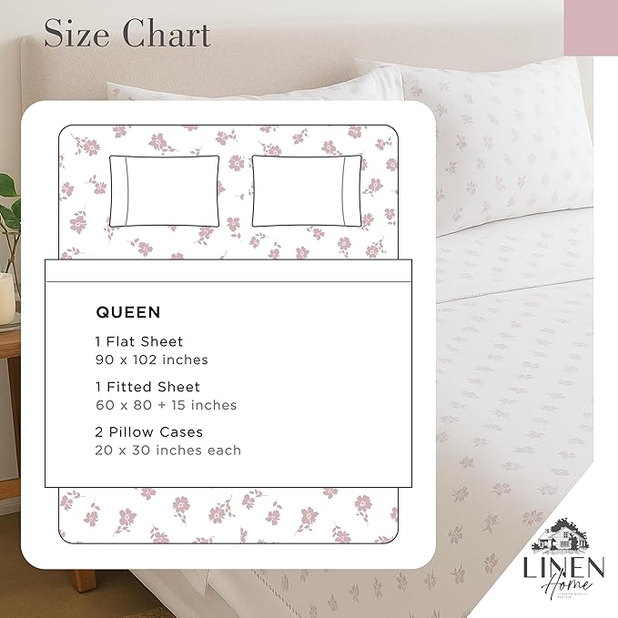 Linen Home 100% Cotton Printed Percale Sheets Queen Size, Deep Pocket, 4 Pieces Set - 1 Flat, 1 Deep Pocket Fitted Sheet and 2 Pillowcases, Crisp Cool and Strong Bed Linen, Mauve Silhouette Floral
