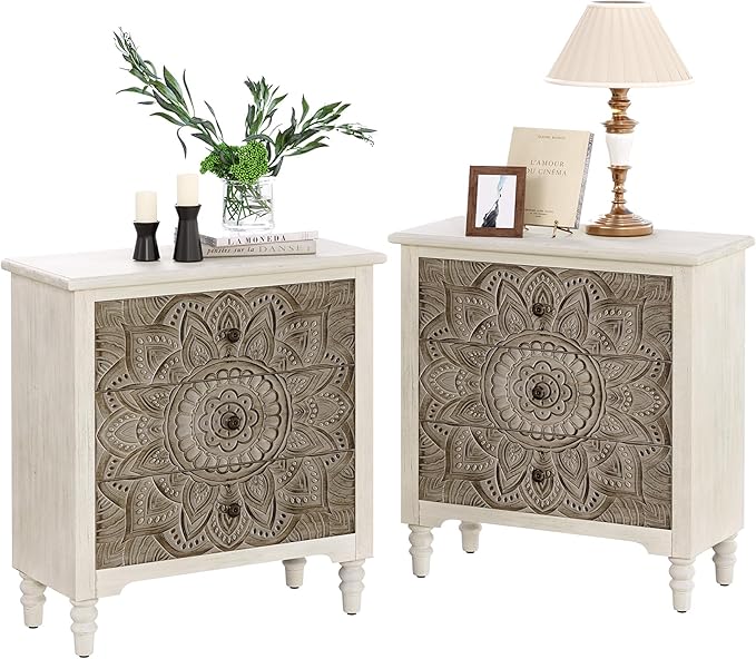 COSIEST 3 Drawers Nightstand Set of 2, Accent Dresser, 29'' Tall Wood Vintage Small Accent Chest, Bedside Table,Bedroom Furniture for Home, Entryway (Lotus Pattern)