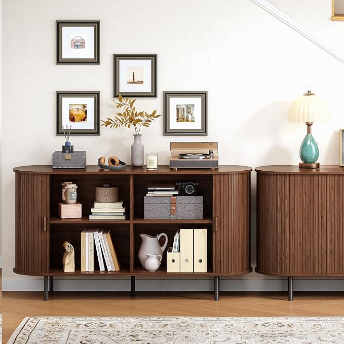 Buffet Cabinet with Storage, 55" Fluted Sideboard Buffet with Sliding Door, Coffee Bar Cabinet with Adjustable Shelf, Console Table, Accent Table for Entryway, Kitchen, Dining Room, Walnut