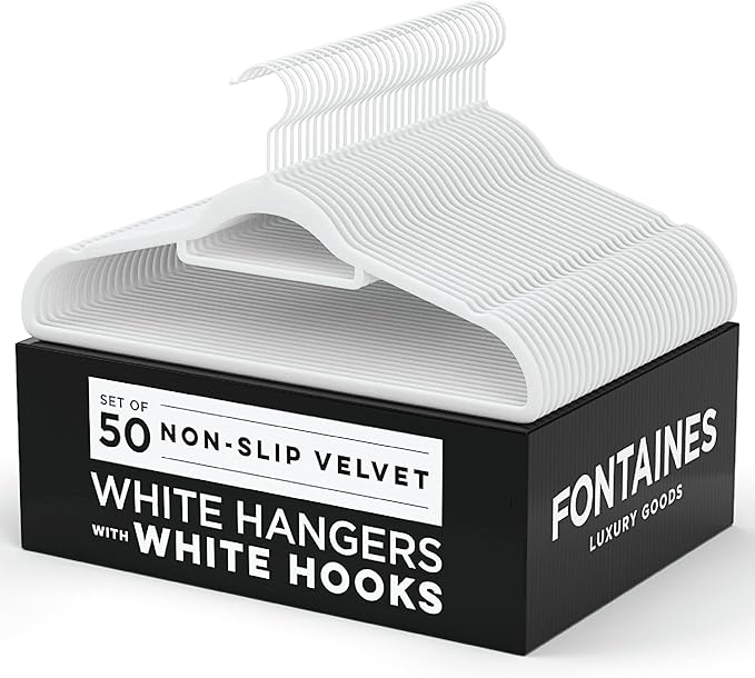 Fontaines Luxury White Velvet Felt Non Slip Clothes Hangers 50 Pack - Ultra Slim & Space Saving - Heavy Duty Swivel Hook for Clothing, Suit, Top, Tie, Shirt, Skirt & Pant Organization