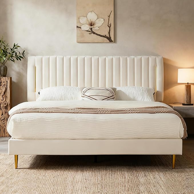 Queen Platform Bed Frame, Velvet Upholstered Bedframe with Vertical Channel Adjustable Headboard, Golden Plating Trim, Mattress Foundation with Wooden Slats, No Box Spring Needed, Beige