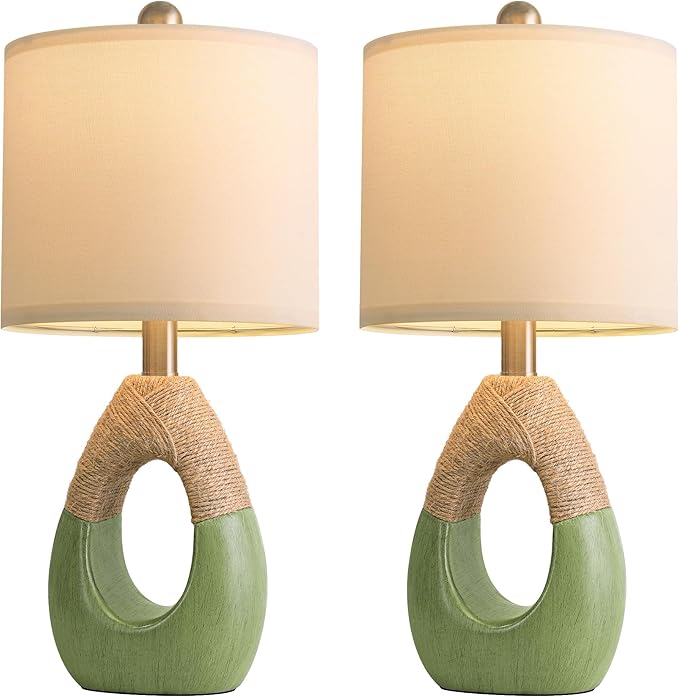 OYEARS 19" Table Lamps Set of 2, Bedside Lamps for Living Room, Lamps for Bedroom, Farmhouse Rattan Table Lamp, Small Space Nightstand Lighting, Rustic Home Office Decor (Green, Bulb Not Included)